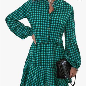 Women's Plaid Dress Button Down High Waist A Lined Long Sleeve Dresses